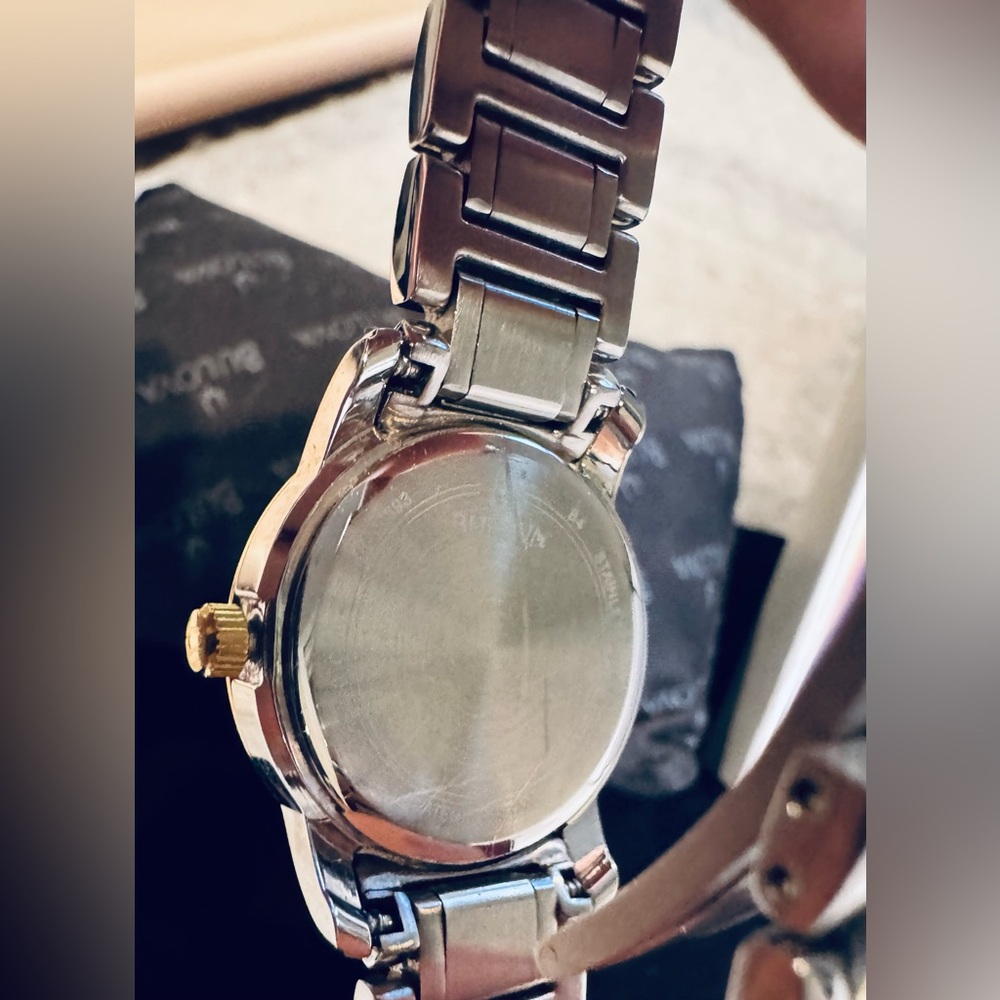 Bulova Two-Tone Stainless Mother of Pearl, Diamond Bezel Date Indicator Watch - Picture 6 of 15